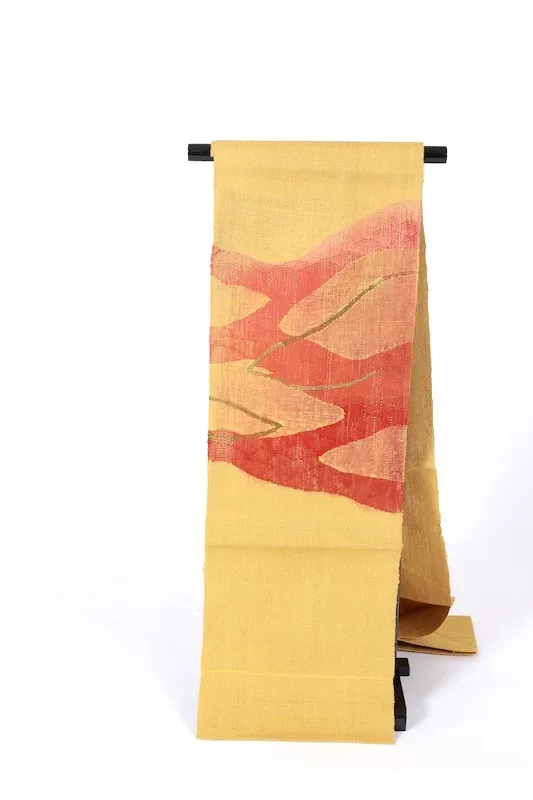Nagoya obi used(sash), Tsumugi silk, mustard yellow, green, red, handwoven, geometric pattern, L4