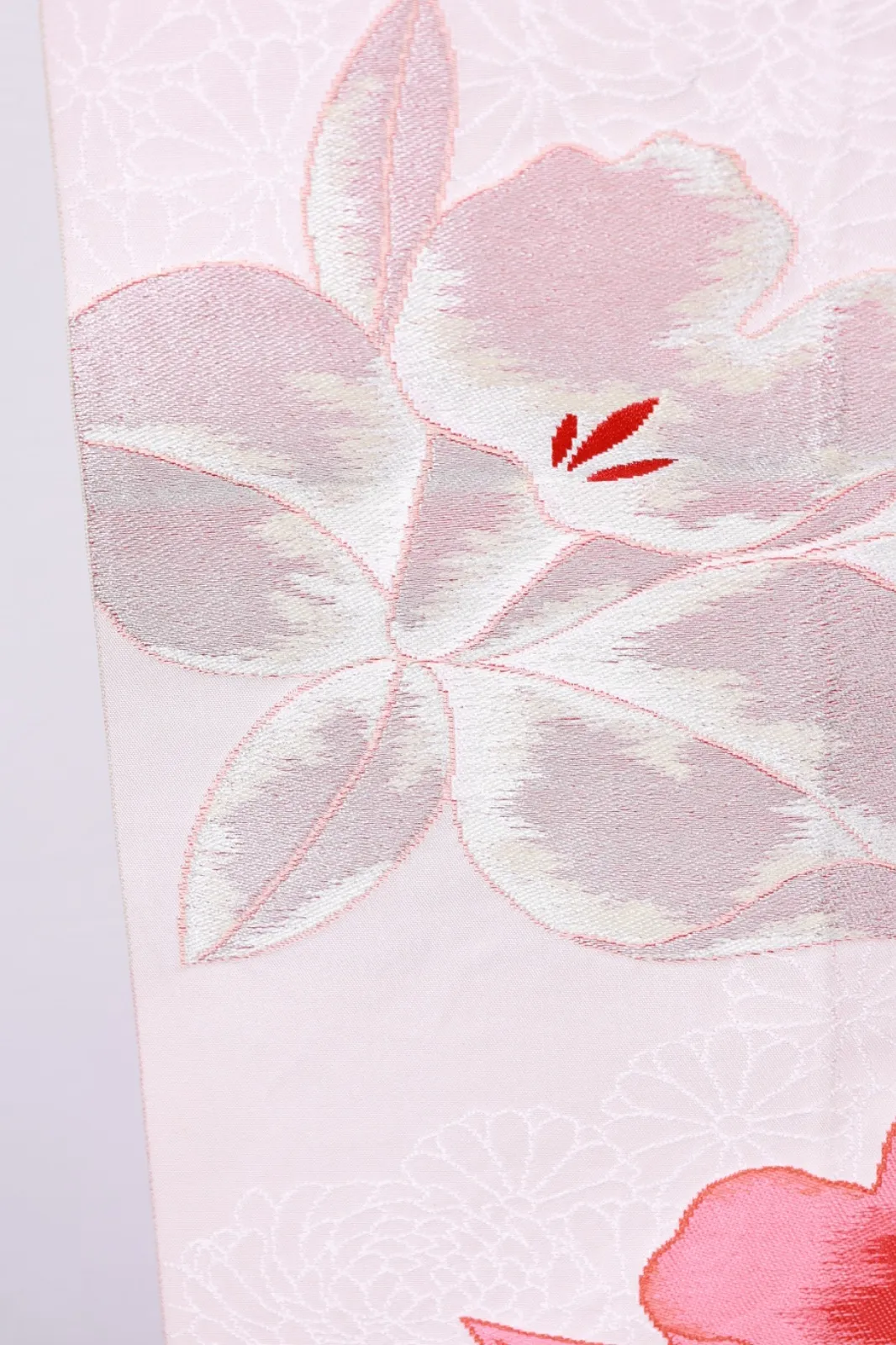 Nagoya Obi(used sash) – Off-white, Red, Silver – Orchids, Chrysanthemums – R116