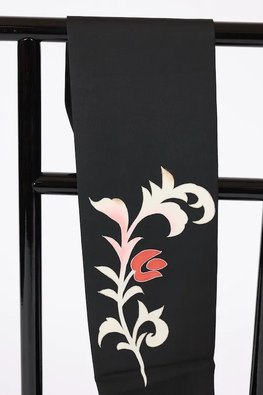 Nagoya obi used (sash), Shioze silk, black, white, red, gold, hand-painted, L5