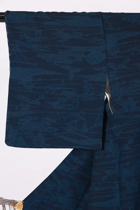 Komono (kimono), brand new, unused, genuine indigo dye, varying shades of indigo, original landscape design, B1473