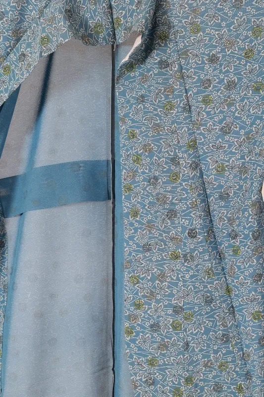 Japan Summer Komon (used kimono), ro (black), blue, green, white, small floral pattern, L64
