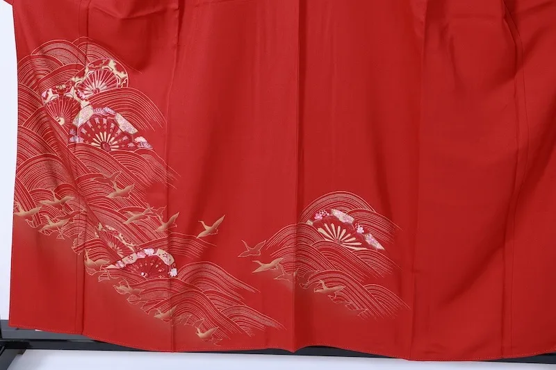 Japan used Kimono – Red, Gold, Cherry Blossom Pink, Wine – Cranes, Waves, Cart – Embroidery – Kyo-Yuzen – B1048