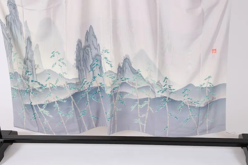 Japan used kimono ; Gray, Blue, and Indigo; Floral and Guilin Landscape Design; "Hidari-mitsudomoe" (Left-turning Triple Comma) Family Crests (Five); Artist-signed; B1404