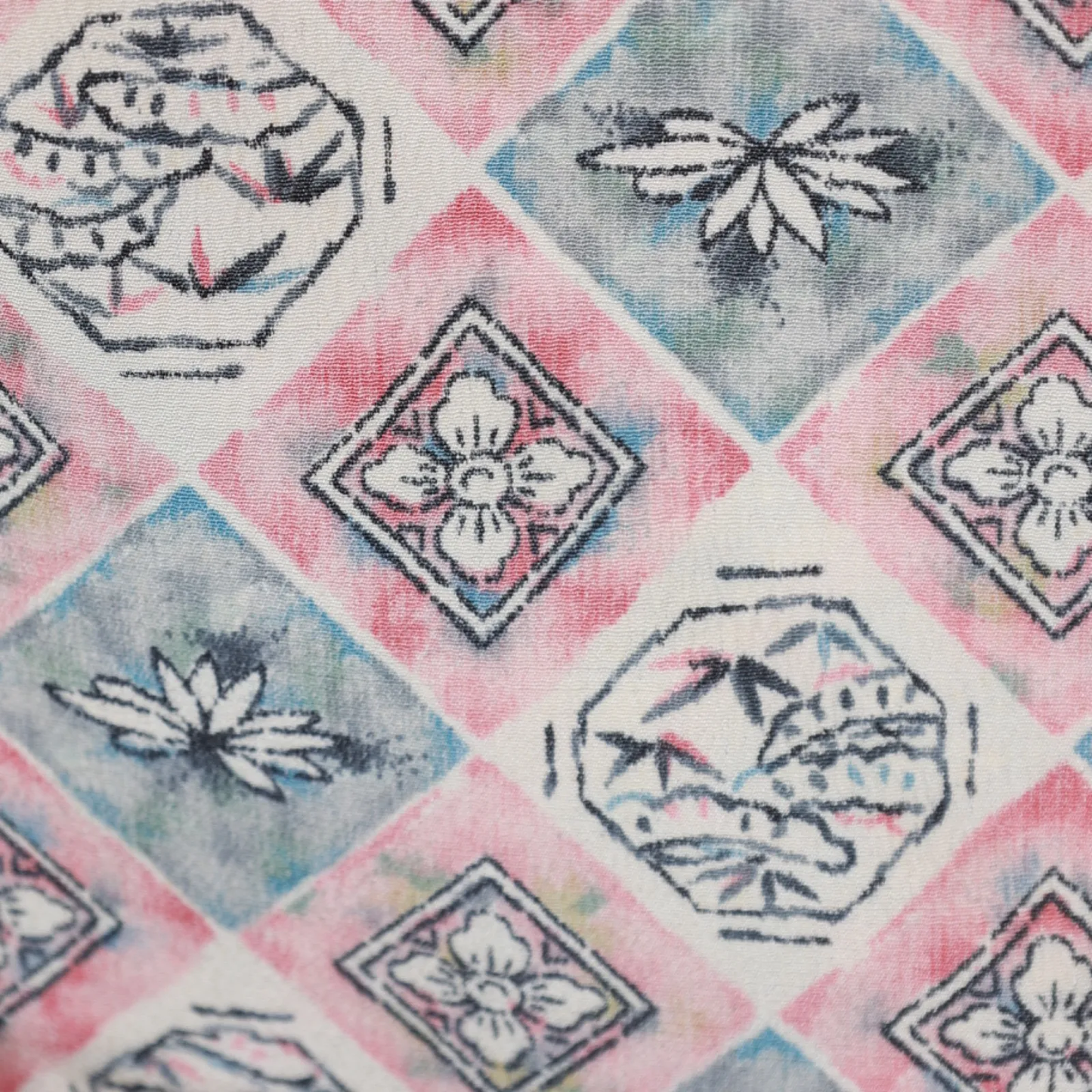 Japan used kimono fabric, beige, pink, gray, black, floral pattern, T28