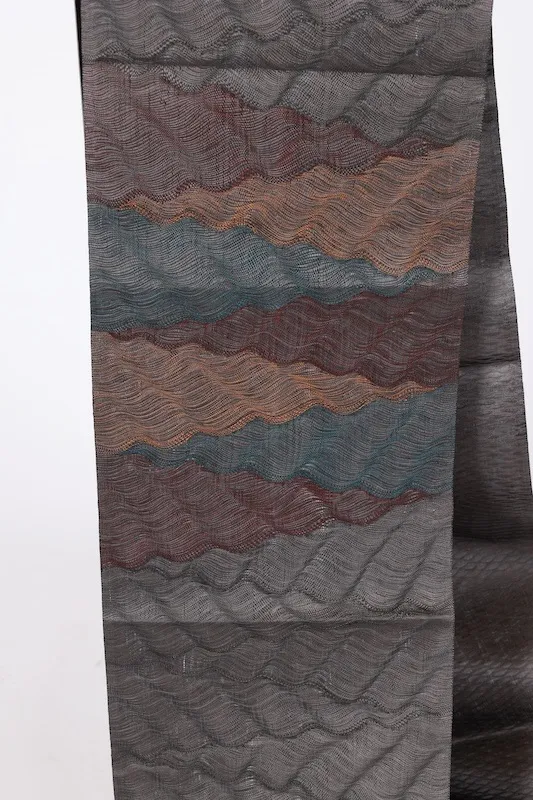 Fukuro obi used (sash) - Gray, Brown, Blue, Mustard - Wave pattern - Handwoven - Ripples - L8