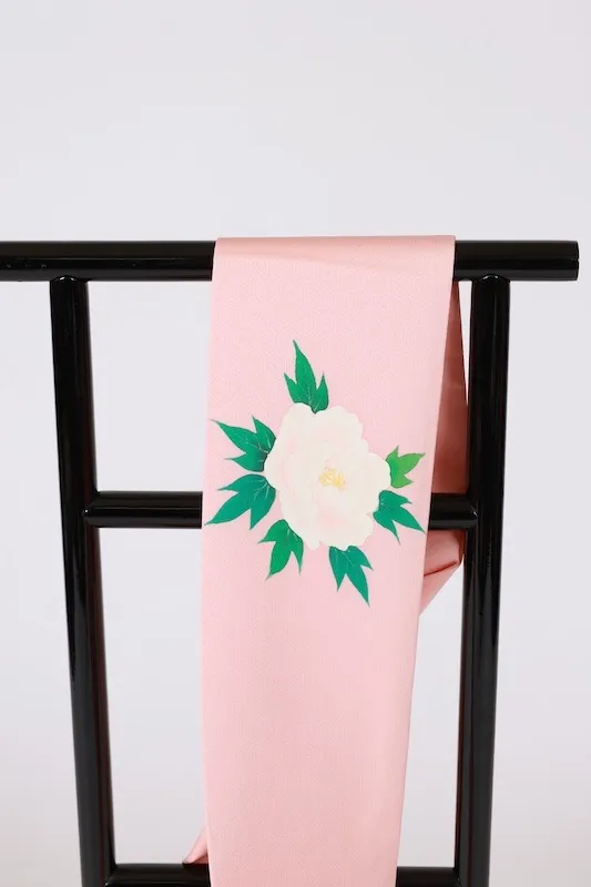 Nagoya obi used (sash), Shioze silk, cherry blossom pink, green, gray, yellow, peony, hand-painted, L52