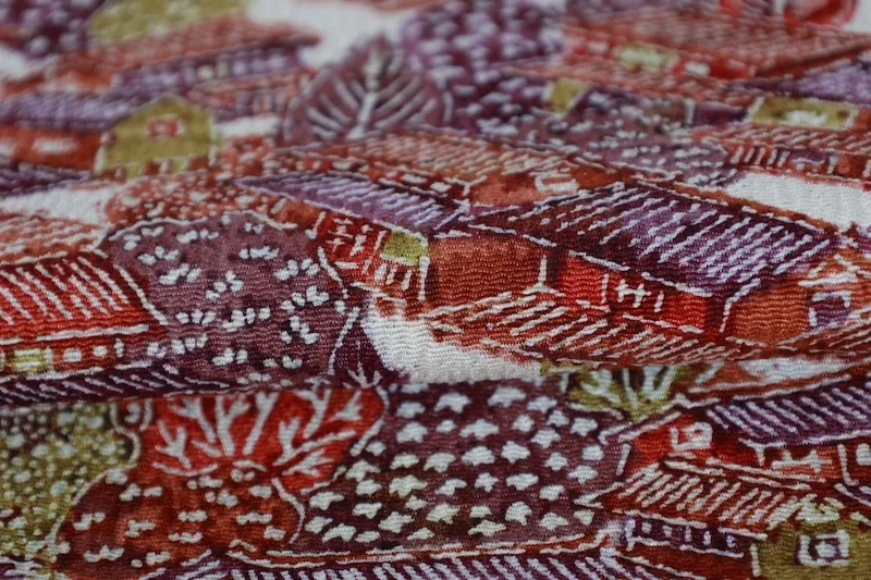 Nagoya obi (sash), brand new, unstitched, brick pattern, green, purple, off-white, landscape design, J30