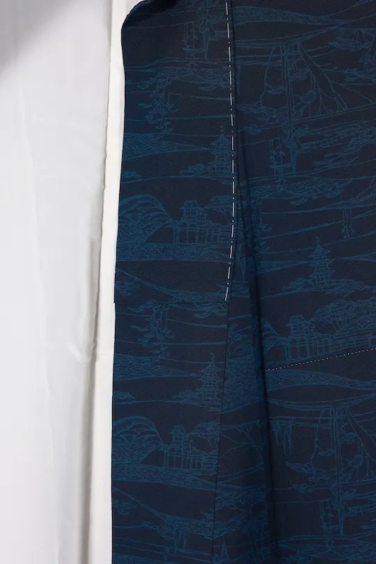 Komono (kimono), brand new, unused, genuine indigo dye, varying shades of indigo, original landscape design, B1473
