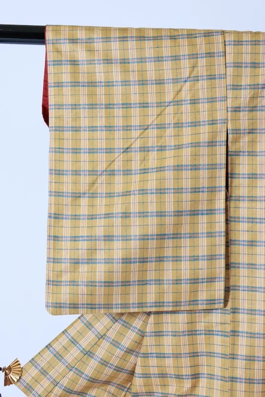 Tsumugi(Japan used kimono) – Yellow, Red, and Blue Plaid – K324