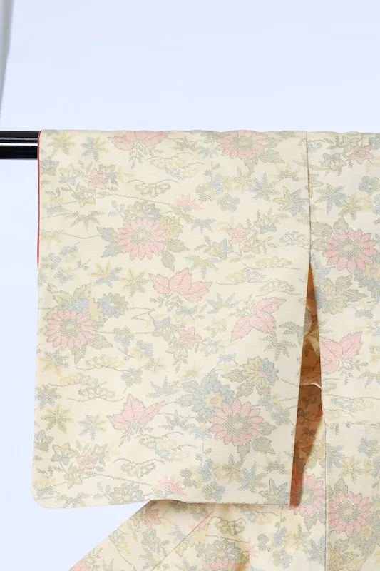 Japan Pre-loved kimono; unbleached white, red, green, and yellow; small floral pattern; A093