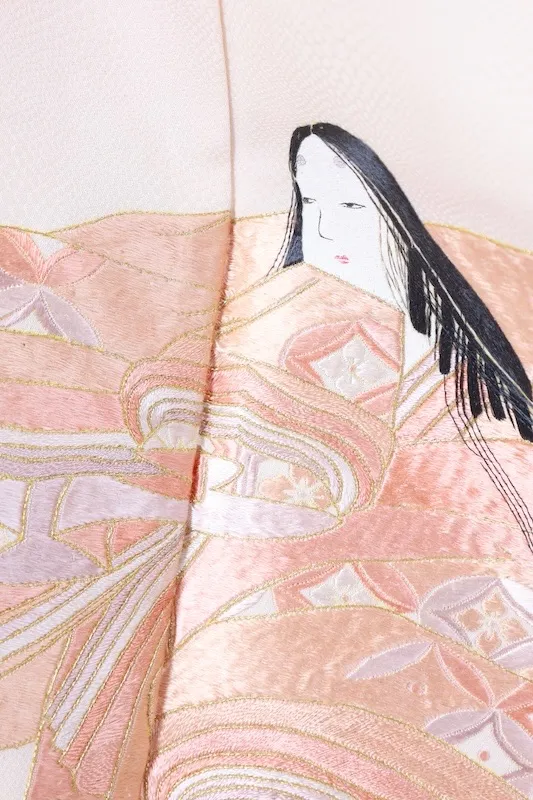 Japan used kimono – Beige, Cherry Blossom Pink, Gold, Purple, Black – Hand-Embroidered  – B1413