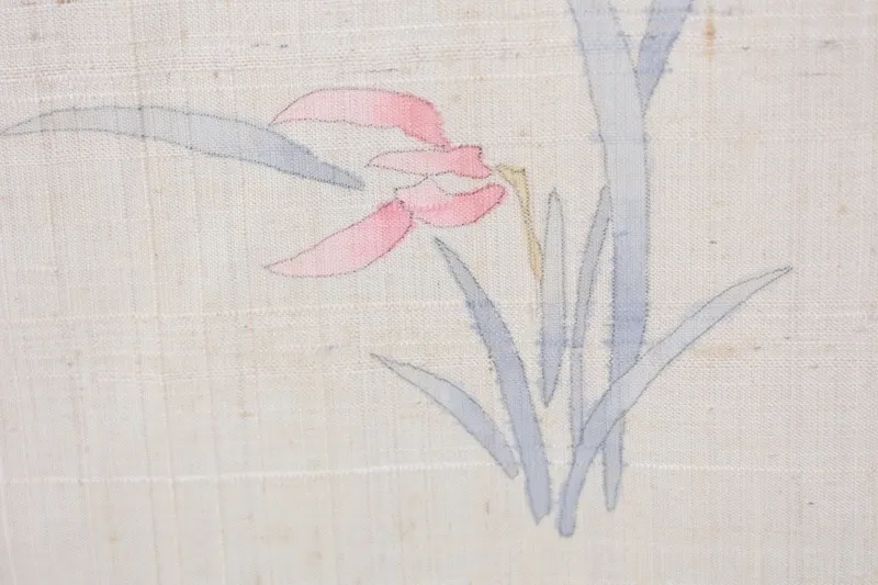 Summer kimono fabric, brand new, unstitched, off-white, black, coral red, ochre, floral pattern, hand-painted, J21