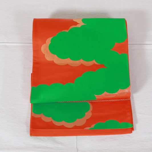 Fukuro Obi(used sash) – Cloud-pattern – Orange & Green – Gold/Silver Leaf Strip Weaving – A144
