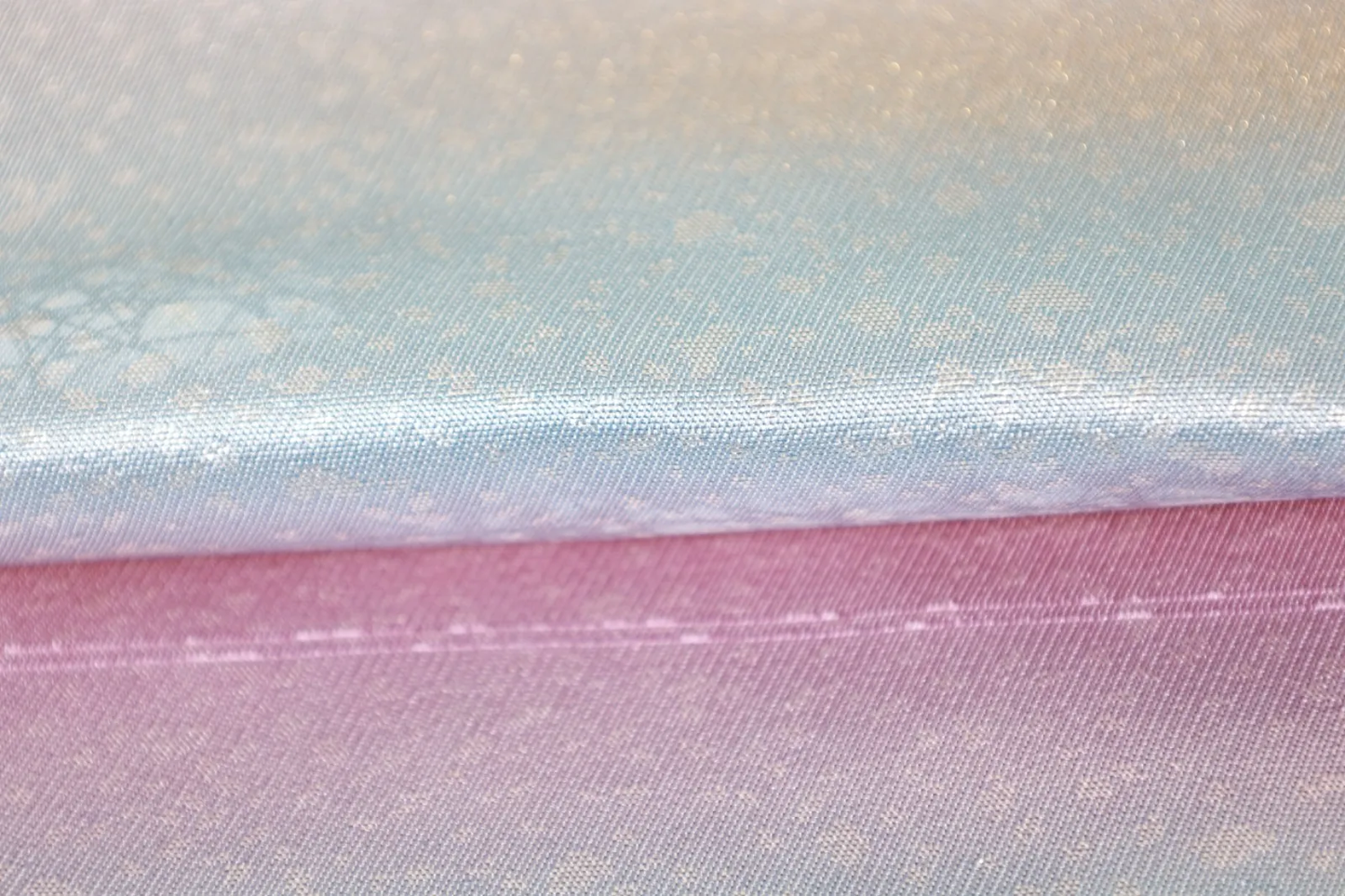 Nagoya Obi(used sash) – Blue, shades of purple, gray, silver, and gold; *hikihaku* (gold/silver leaf strip) technique – R124