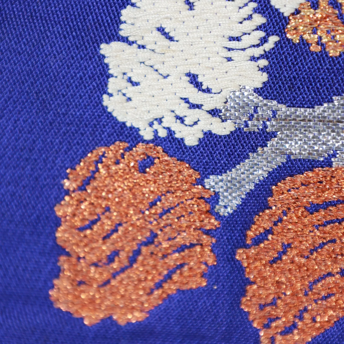 Authentic Fukuro Obi used(formal obi sash), handwoven, brocade, Tatsumura brand, blue, silver, gold, off-white, green V31