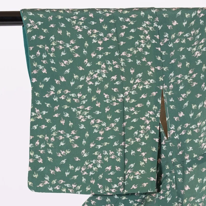 Japan used Kimono – Green & Pale Purple – Birds – D002