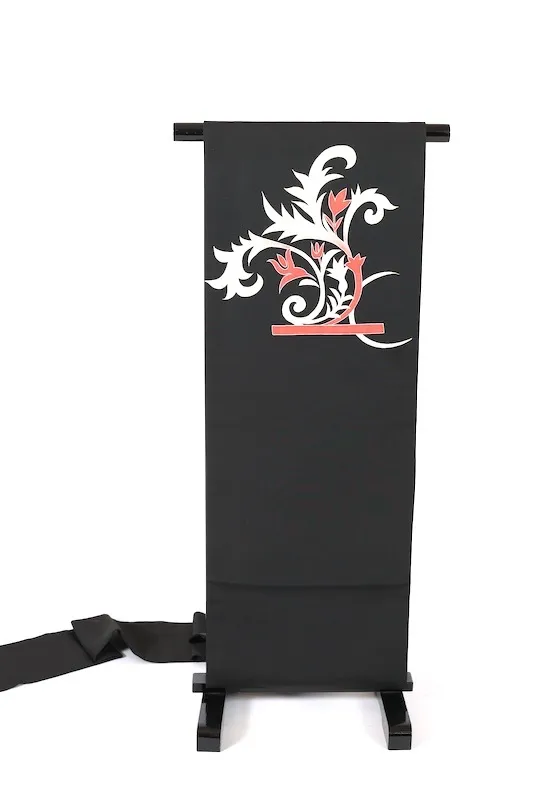 Nagoya obi used (sash), Shioze silk, black, white, red, gold, hand-painted, L5