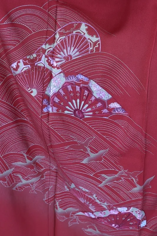 Japan used Kimono – Red, Gold, Cherry Blossom Pink, Wine – Cranes, Waves, Cart – Embroidery – Kyo-Yuzen – B1048