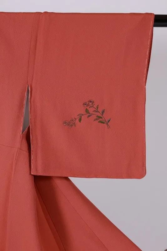 Tsukesage Kimono – Brand New & Unused – Salmon Pink, Green, Purple, Gray – Floral Design – Hand-Embroidered – B1409