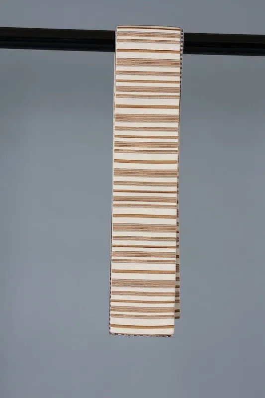 Men's Yukata Obi used (Sash) - Reversible - Beige/Brown with Horizontal Stripes, Reverse Side Purple/Brown with Checkered Pattern - L126