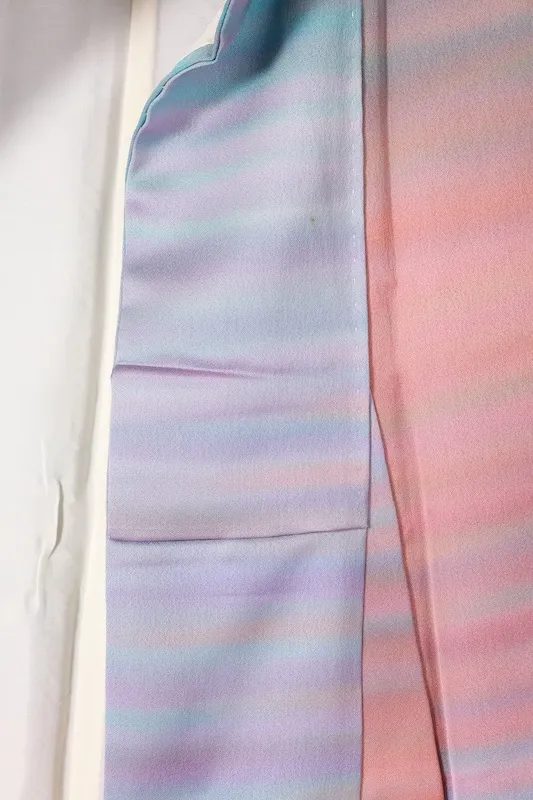 Visiting kimono used, blue, purple, red, orange, brown, hand-painted, irregular horizontal stripes, by Saito Sansai, B1424