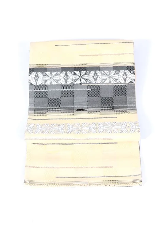 Fukuro Obi　used (sash), Kayou Textile, shades of gray, gold, silver, shades of yellow, checkered pattern, horizontal stripes, handwoven, L28