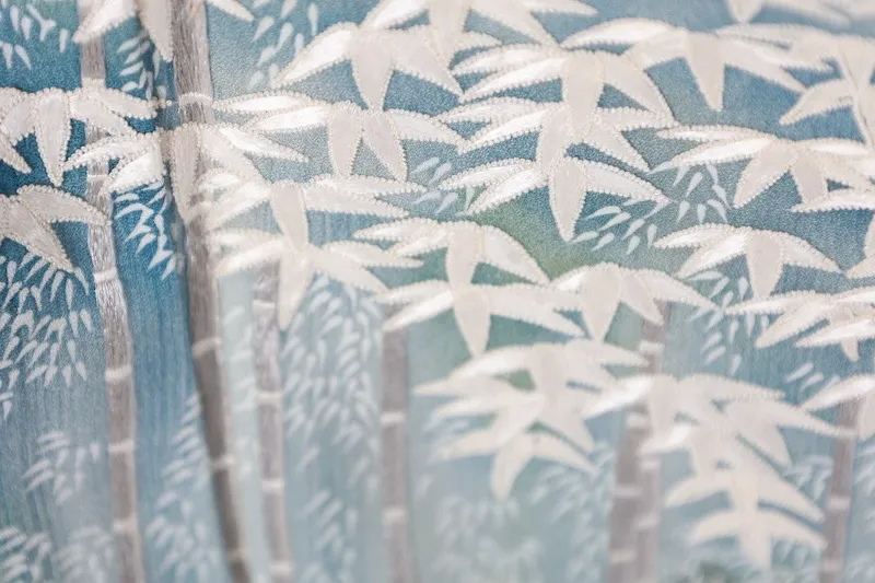 Visiting kimono used, off-white, gray, white, blue, green, silver, bamboo pattern, embroidery, B1426
