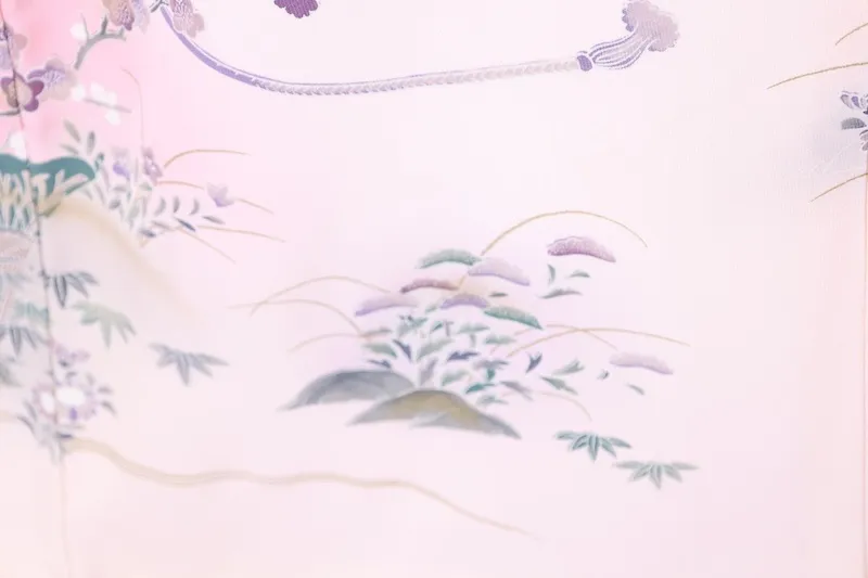Visiting kimono used, cherry blossom pink, gray, gold, coral red, purple, indigo, green, Kyo-Yuzen dyeing, B1406