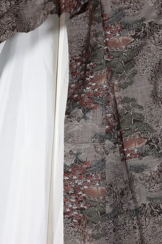 Oshima Tsumugi(Japan kimono) – Genuine Mud-Dyed & Botanical-Dyed – Brown, Indigo, Green, Red – 9-Maruki – Pastoral Landscape – G11