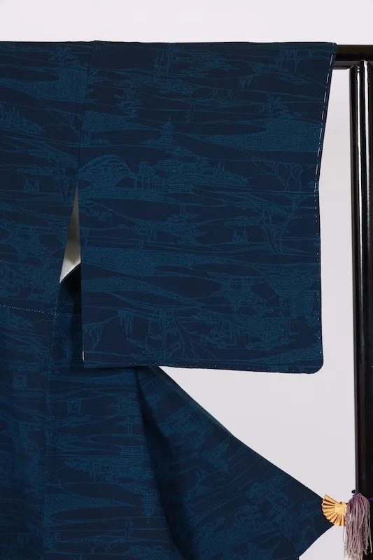 Komono (kimono), brand new, unused, genuine indigo dye, varying shades of indigo, original landscape design, B1473