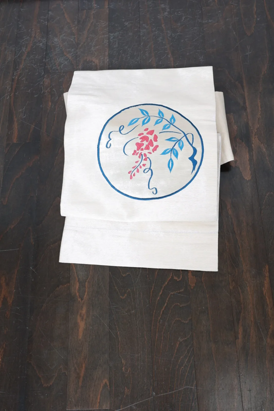 Nagoya Obi(used sash) – Pearl, Silver, Red, Blue – Floral Embroidery (R112)