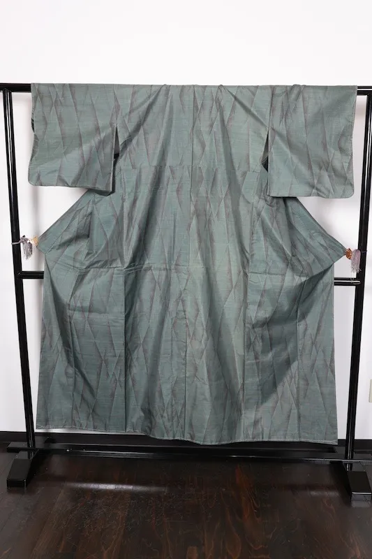 Authentic Oshima Tsumugi silk  kimono, brand new, unused, with certificate of authenticity. Green and gray,  R164