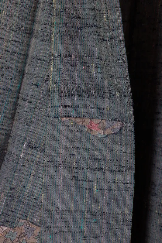 Japan Pre-loved silk kimono green, brown, rusty vermilion, and yellow; hand-woven and hand-painted; A094.