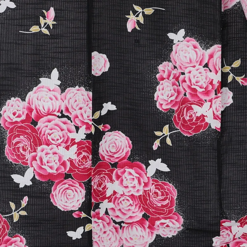 Yukata (Japanese summer used kimono) - Black with roses and red / A28