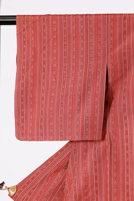 Tsumugi(Japan Pre-loved kimono) – Rust-red, gray, indigo, and yellow stripes (A070)