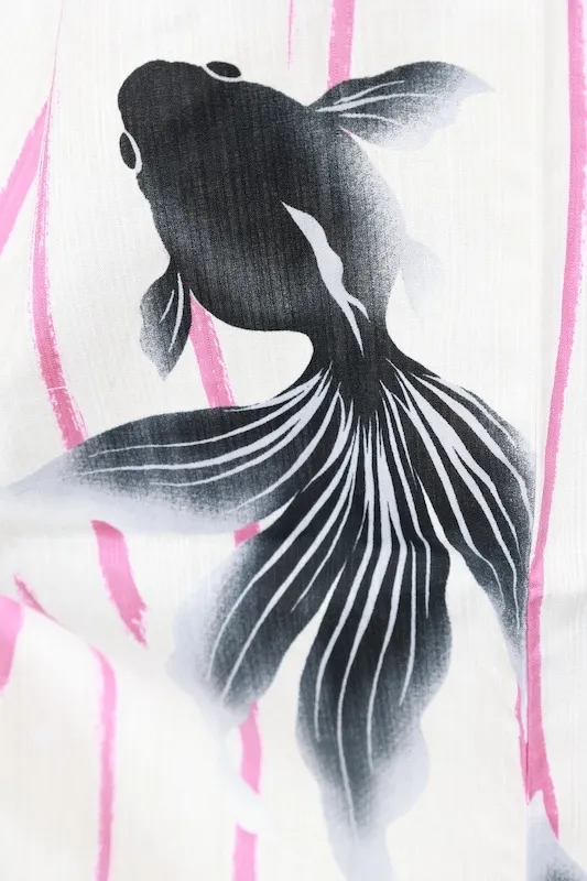 Brand-new Yukata – Asymmetrical Split-Panel Design (Off-white, Black, Gray, Purple-Pink) – Goldfish Motif