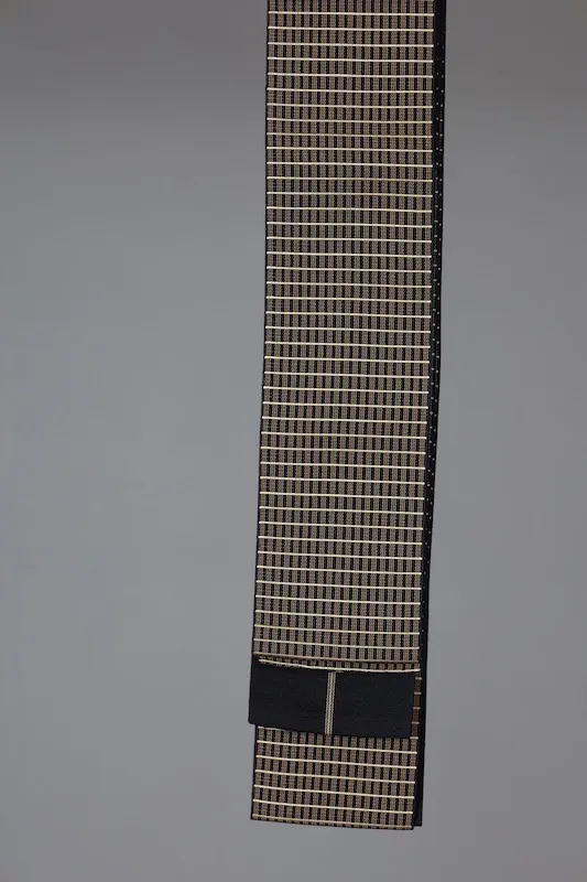 Men's Yukata used Obi (Sash) - Hakata Weave, Reversible, Dark Brown and Indigo Check Pattern, Single Stripe on the Reverse Side, L127