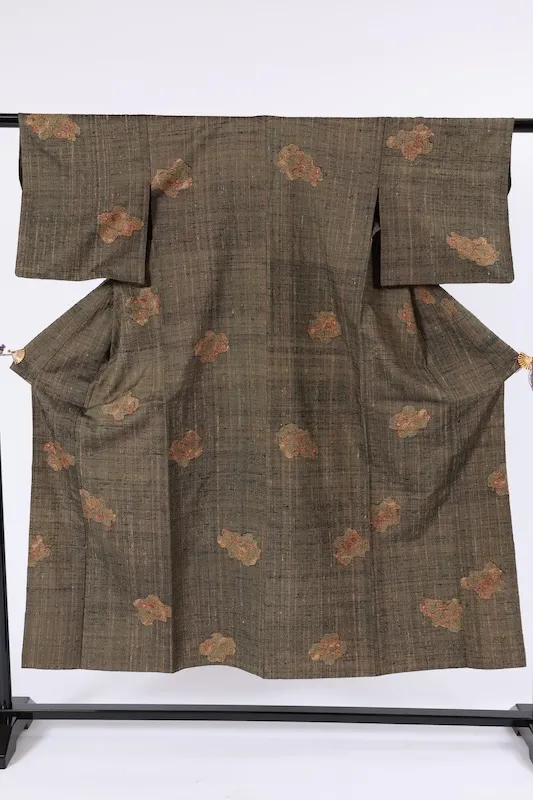 Japan Pre-loved silk kimono green, brown, rusty vermilion, and yellow; hand-woven and hand-painted; A094.