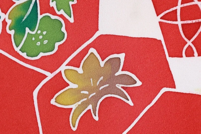 Komon (used kimono fabric) in red, green, yellow, mustard, floral, Shippo (seven treasures) pattern, tortoise shell pattern, batik dyeing, B1472