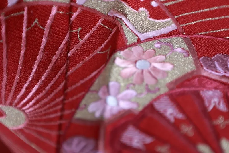 Japan used Kimono – Red, Gold, Cherry Blossom Pink, Wine – Cranes, Waves, Cart – Embroidery – Kyo-Yuzen – B1048