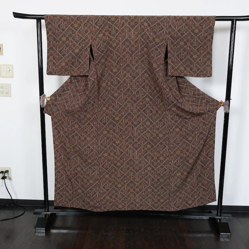Japan used kimono fabric, brown, mustard yellow, purple, burgundy, arabesque pattern, T14