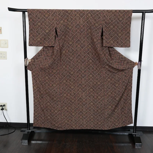 Japan used kimono fabric, brown, mustard yellow, purple, burgundy, arabesque pattern, T14