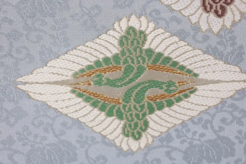Nagoya obi (sash), brand new, unstitched, gray, green, blue, purple, gold, white, facing cranes, Tang weave, J23
