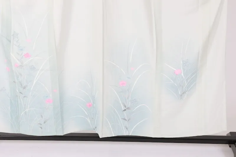 Summer formal kimono used (houmongi), ro silk, white-green, gray, white, coral, blue, floral pattern, L61