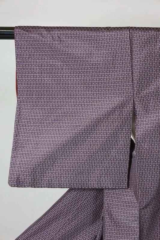 Oshima Tsumugi used silk fabric, purple, yellow, white checkered pattern, handwoven, L142