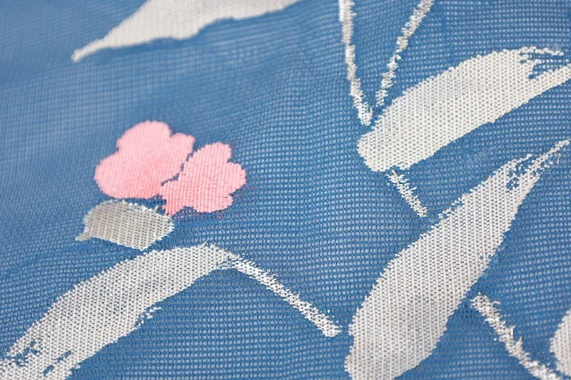 Summer Nagoya obi used (sash), sheer fabric, blue, gray, silver, coral, floral pattern, L19