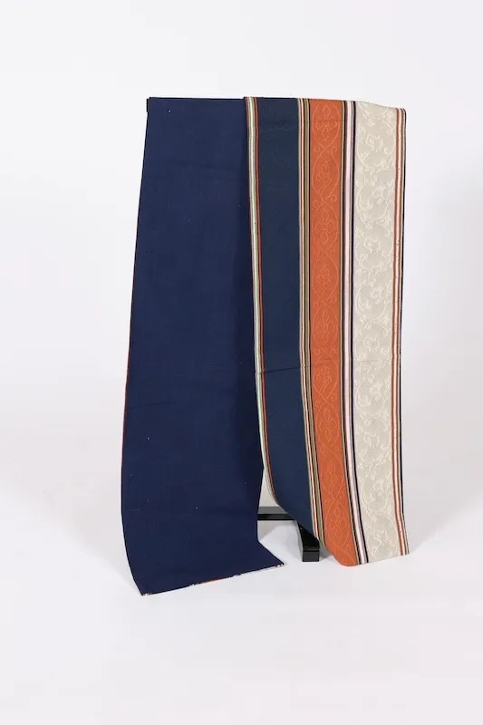 Nagoya obi used(sash), Tsumugi silk, off-white, indigo, shades of brown, green, white, floral pattern, stripes, L3