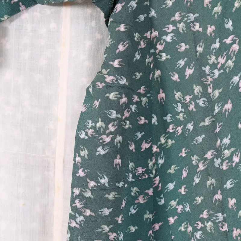 Japan used Kimono – Green & Pale Purple – Birds – D002
