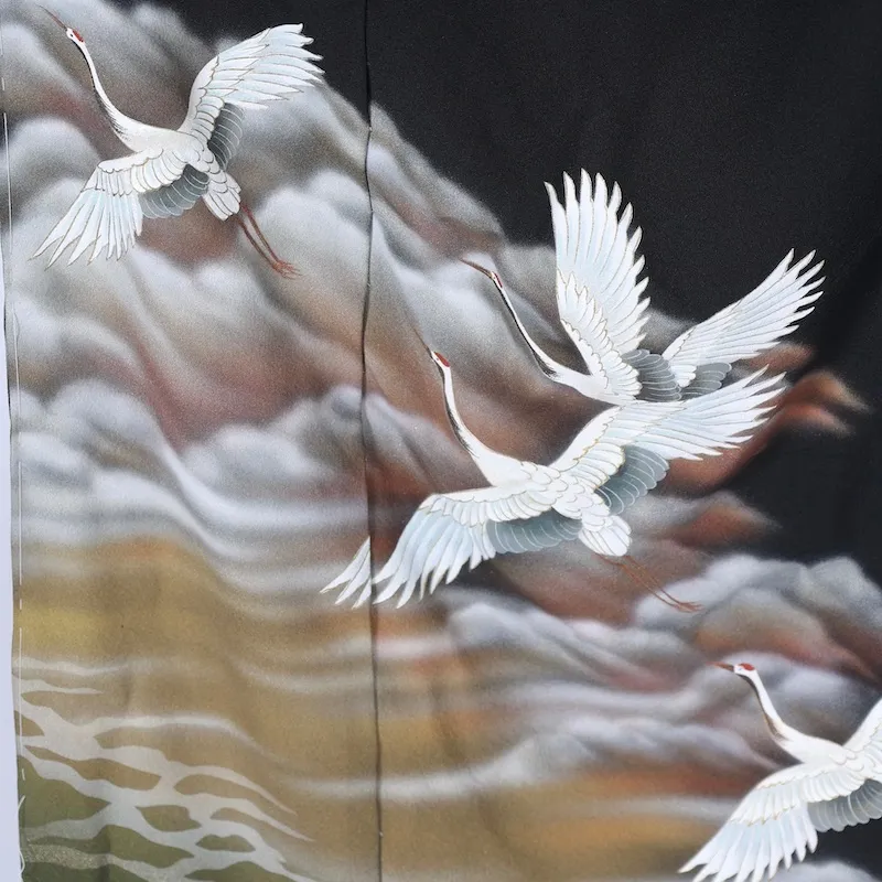 　Japan Kimono – Brand New, Untailored – Cranes, Rimpa Style, Kyo-Yuzen Dyeing / 1359