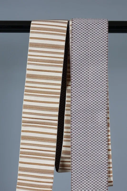 Men's Yukata Obi used (Sash) - Reversible - Beige/Brown with Horizontal Stripes, Reverse Side Purple/Brown with Checkered Pattern - L126